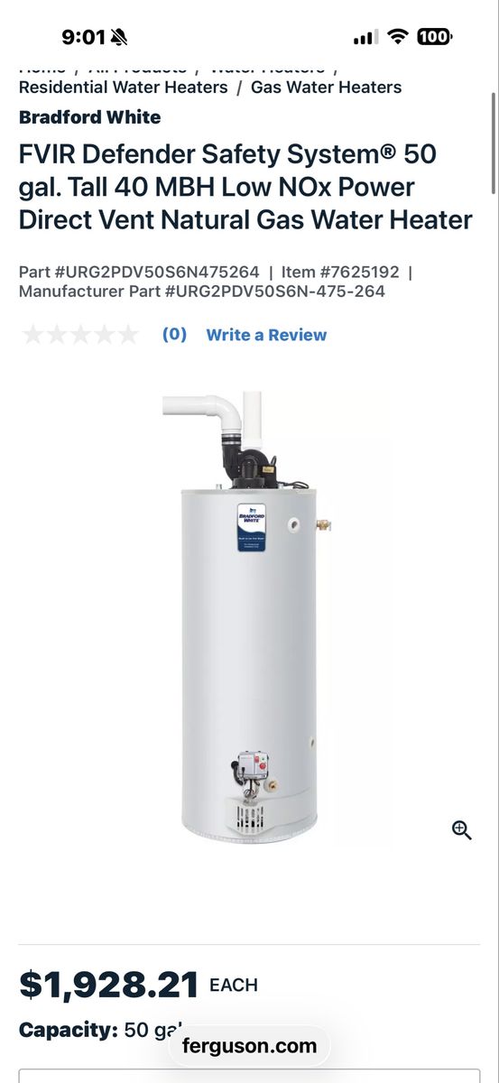 50 gallon water heater. Direct vent