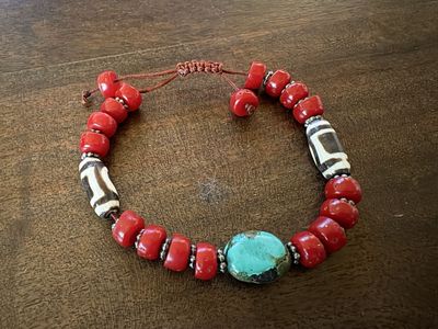 Turquoise, Red Coral & Tibetan Dzi Bead Adjustable Bracelet