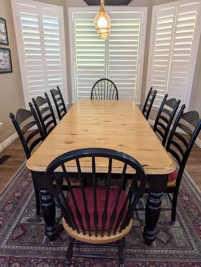 Large Farmhouse Style Dining Table with 12 Chairs - Black & Natural Wood
