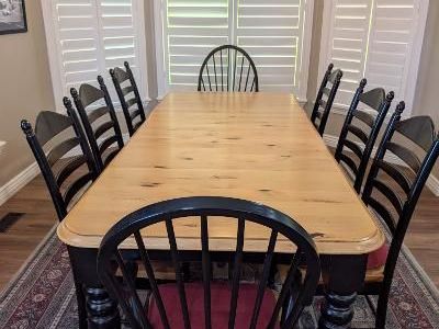 Large Farmhouse Style Dining Table with 12 Chairs - Black & Natural Wood