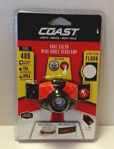 Coast FL65 Dual Color 400 Lumen Wide Angle LED Headlamp - New in Package, IPX4, 19h Run Time