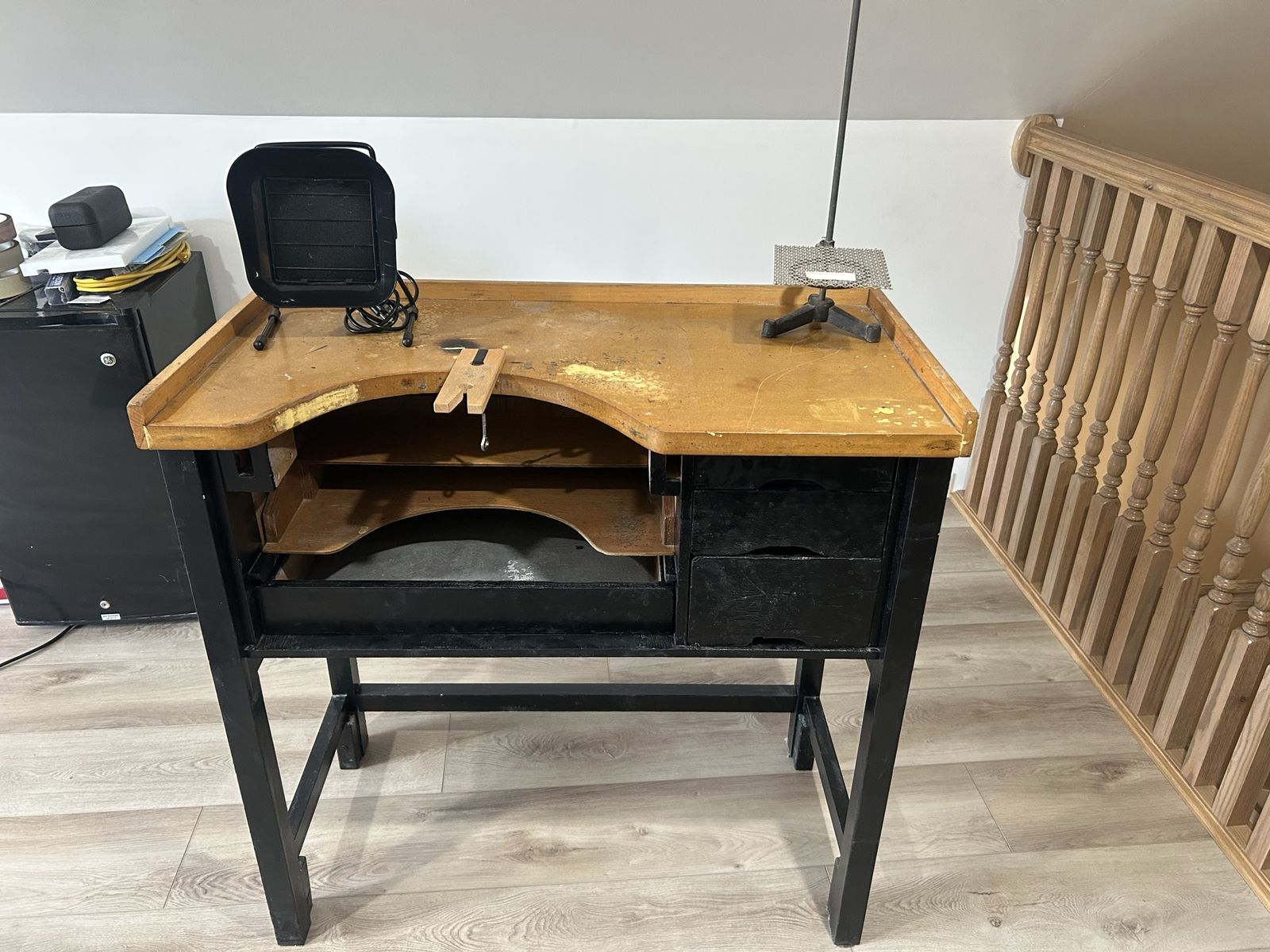 Heavy-Duty Wooden Jeweler's, lapidary, Workbench with Bench Pin and Drawers - Used