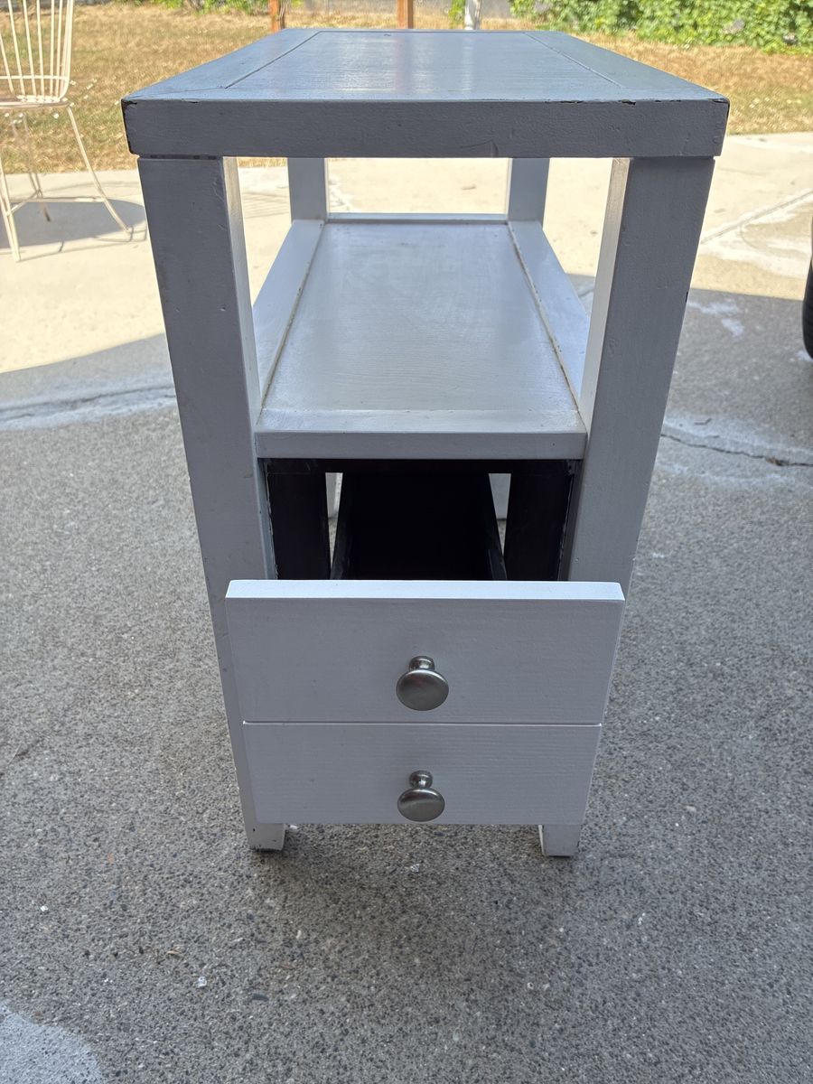 Gray Wood Narrow Side End Table with 2 Drawers and Shelf Storage