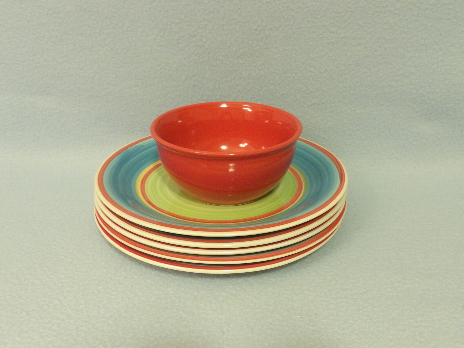 5 Royal Norfolk Dinnerware Stoneware Plates & 1 Red Bowl - Teal, Yellow, Green, Red/Orange Colors
