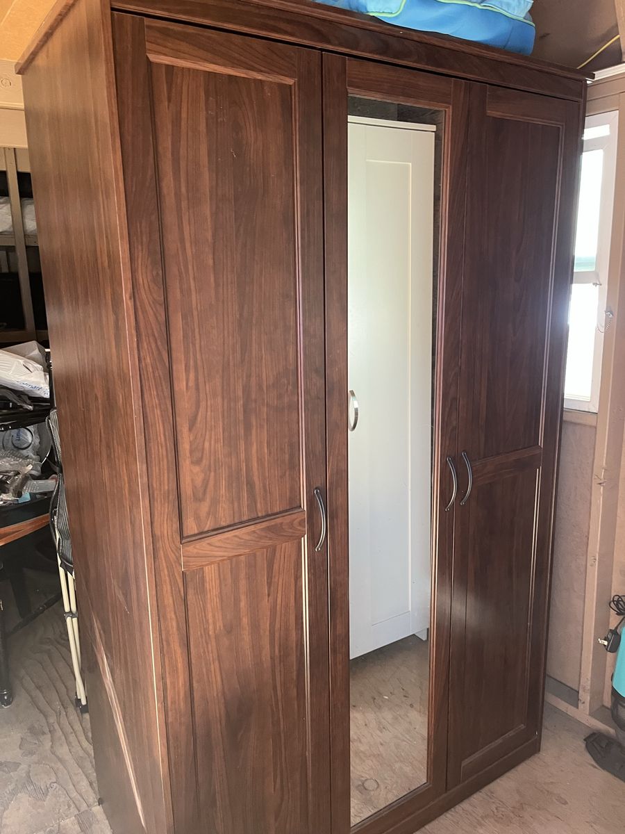 Dark Wood Grain Wardrobe Armoire with Center Mirror