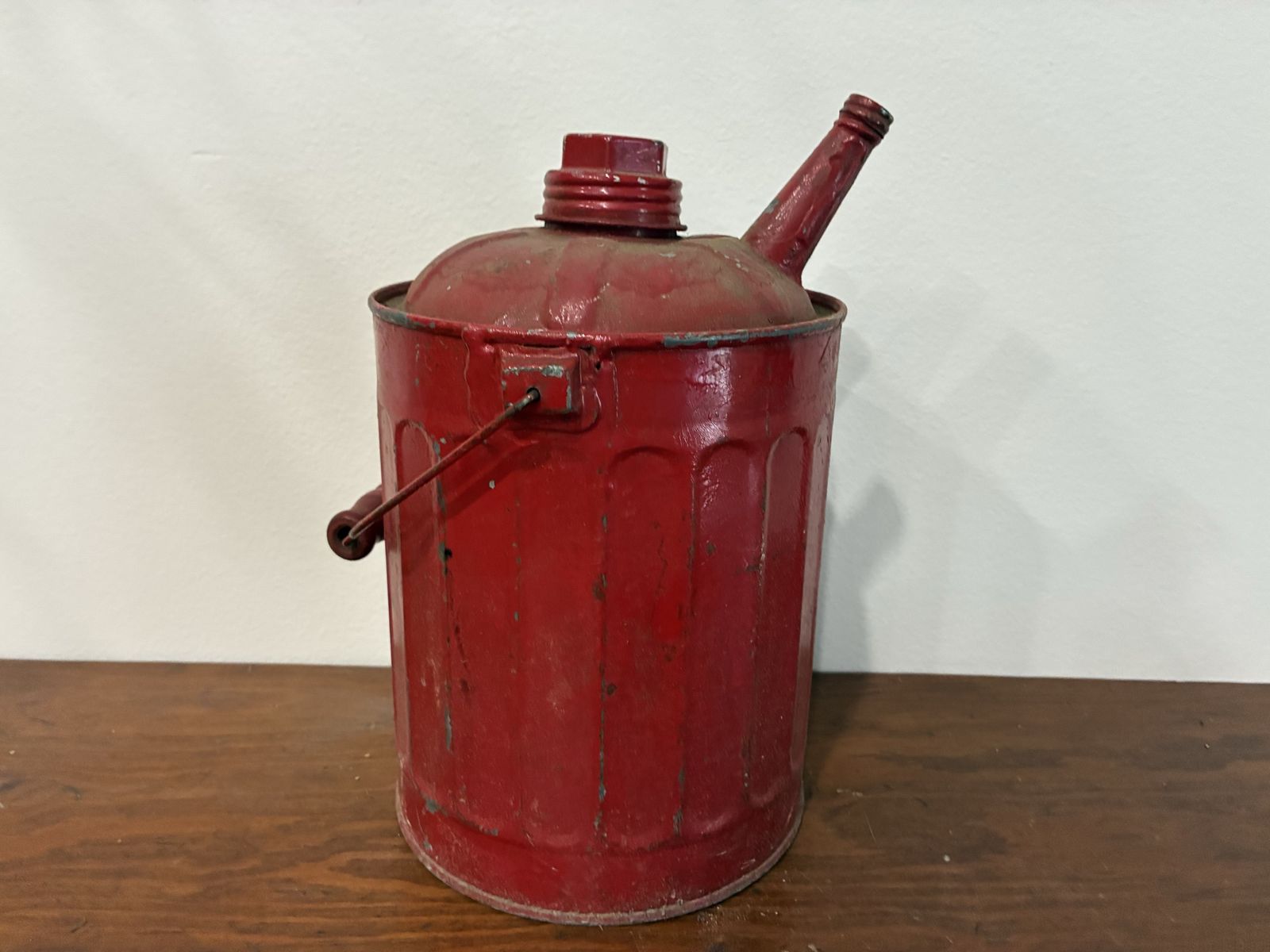 Vintage Red Metal Gas Can Fuel Container with Handle and Spout