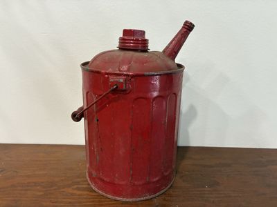 Vintage Red Metal Gas Can Fuel Container with Handle and Spout