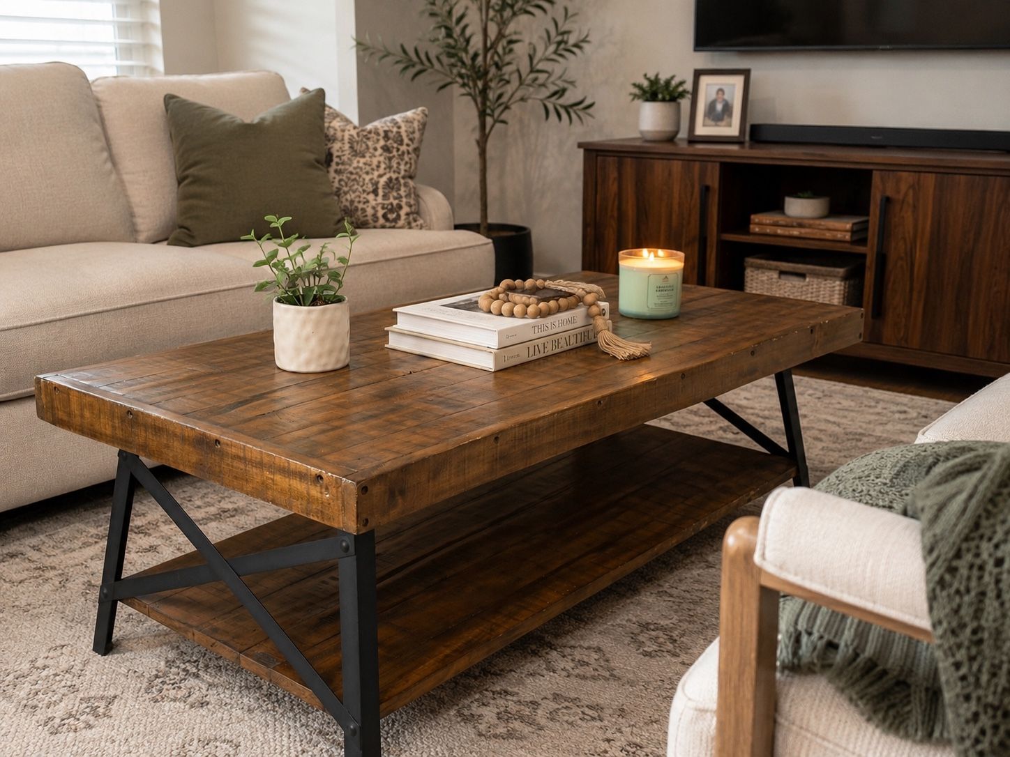 Rustic Industrial Wooden Coffee Table with Lower Shelf and Metal Frame
