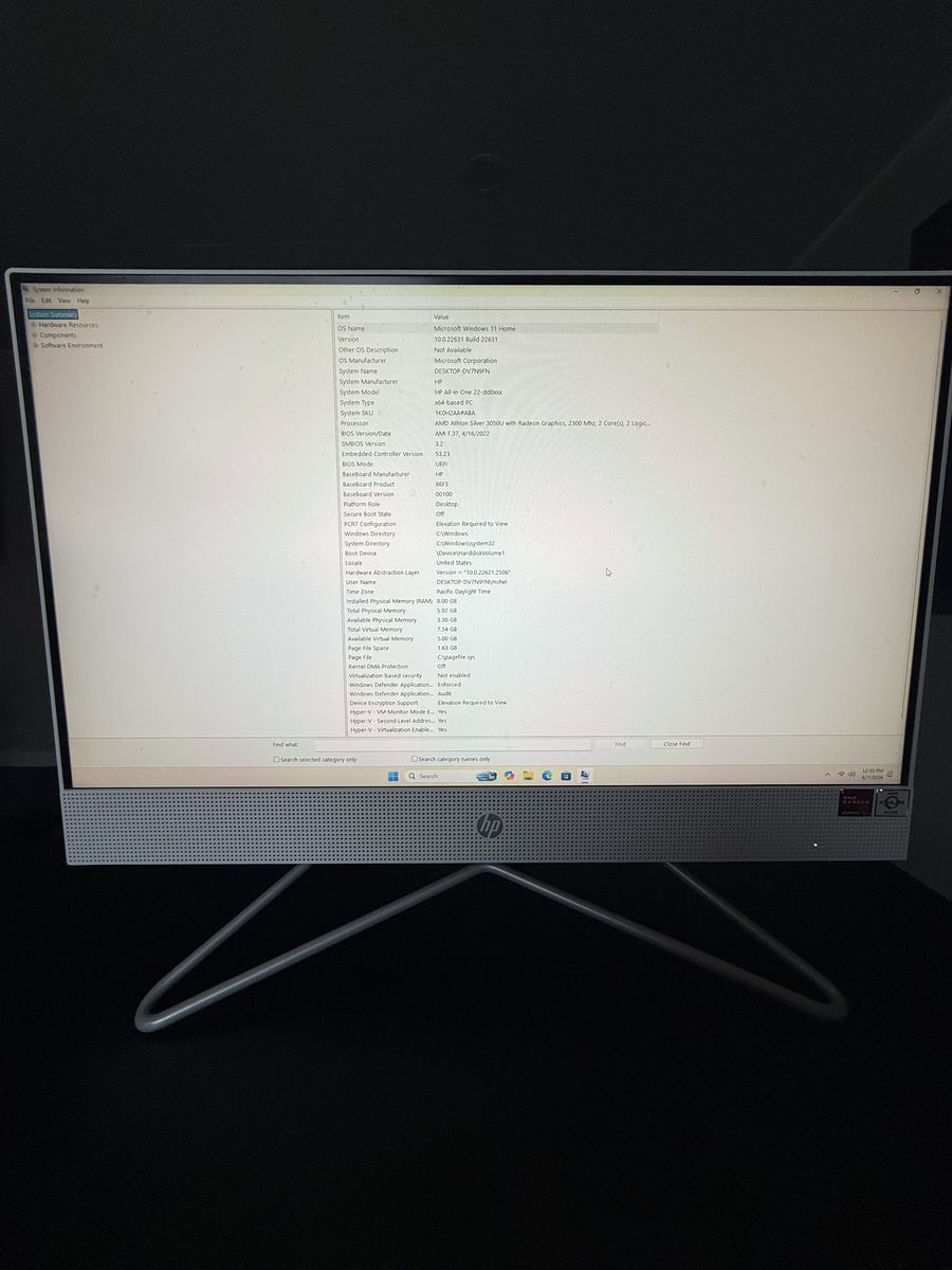 HP All-in-One 22-dd0xxx Desktop PC 21.5" AMD Athlon Silver 3050U 8GB RAM Windows 11