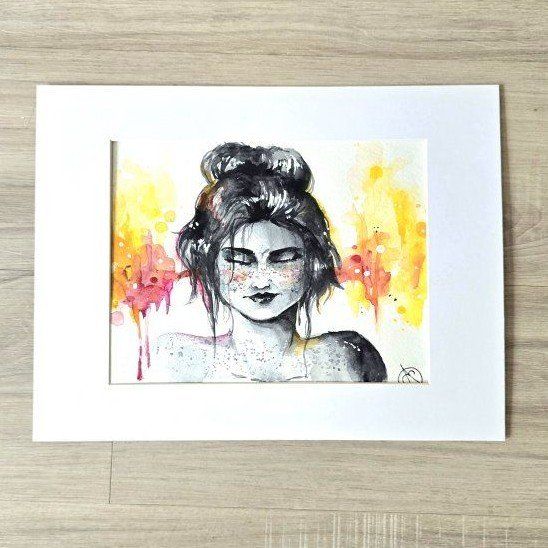 Watercolor Painting of a Woman with Yellow and Pink Splatter Background