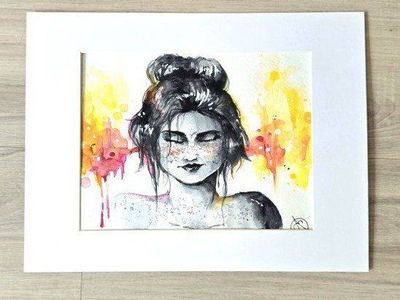 Watercolor Painting of a Woman with Yellow and Pink Splatter Background