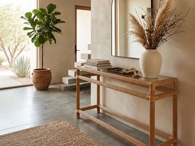 Vintage Hollywood Regency Pencil Reed Bamboo Wicker Rattan Entryway Console Table Sofa Table w/Clear Glass Insert