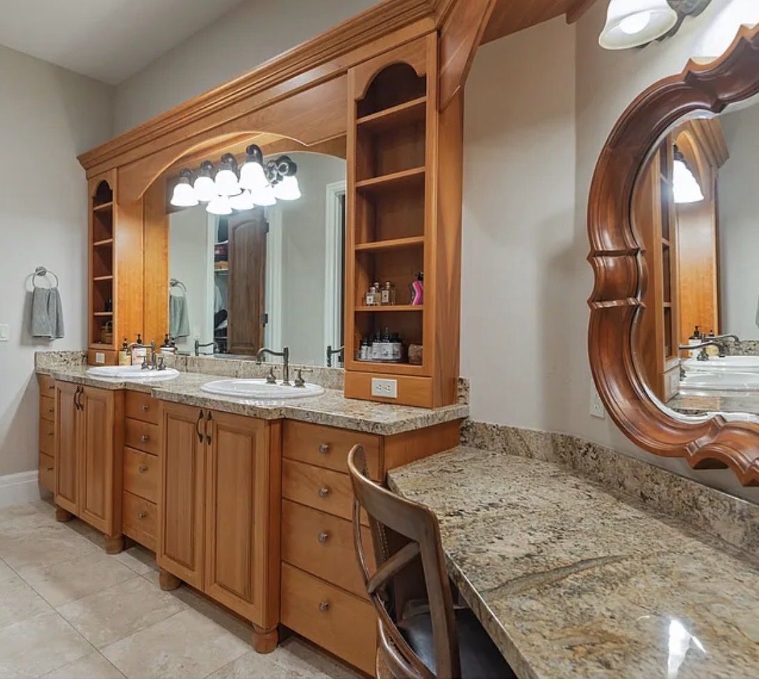 Custom Wood Bathroom Vanity with Granite Countertops, Double Sinks & Makeup Area