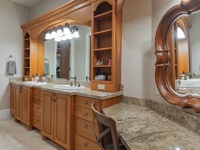 Custom Wood Bathroom Vanity with Granite Countertops, Double Sinks & Makeup Area