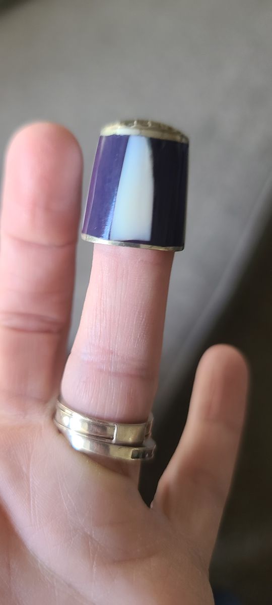 Vintage Shell Mother of Pearl Thimble Inlay Stripes Alpaca Mexico Silver
