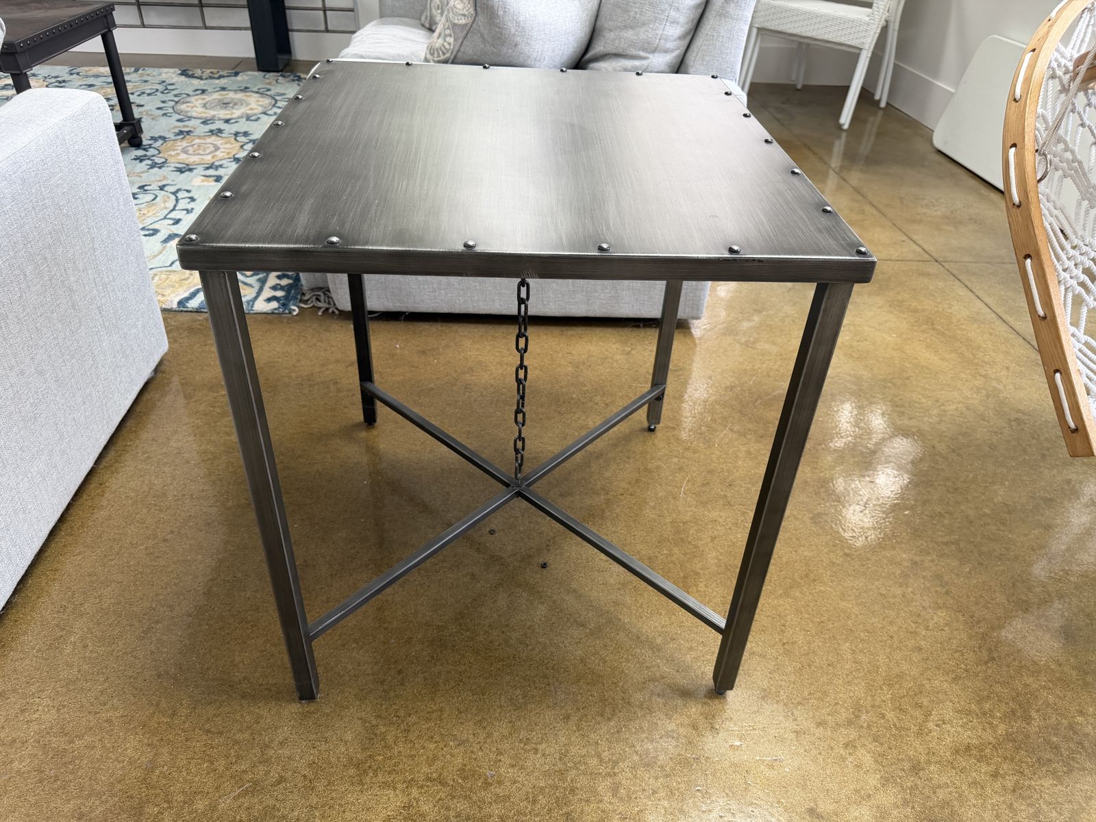 Industrial Metal End Table with Rivet Accents and X-Brace Base