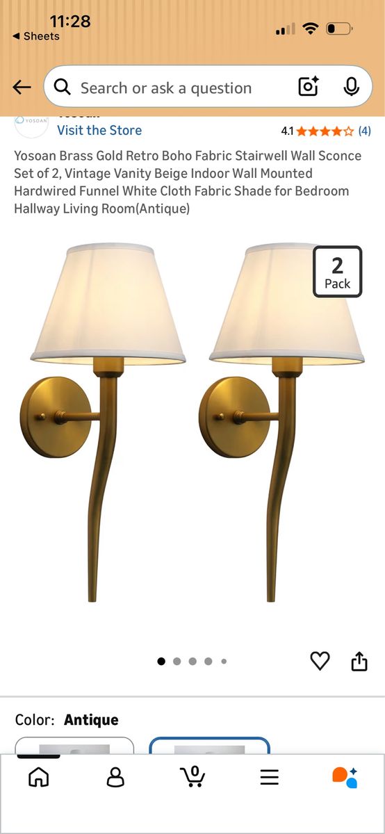 Yosoan Brass Gold Wall Sconce Set of 2 Fabric Shade Lights