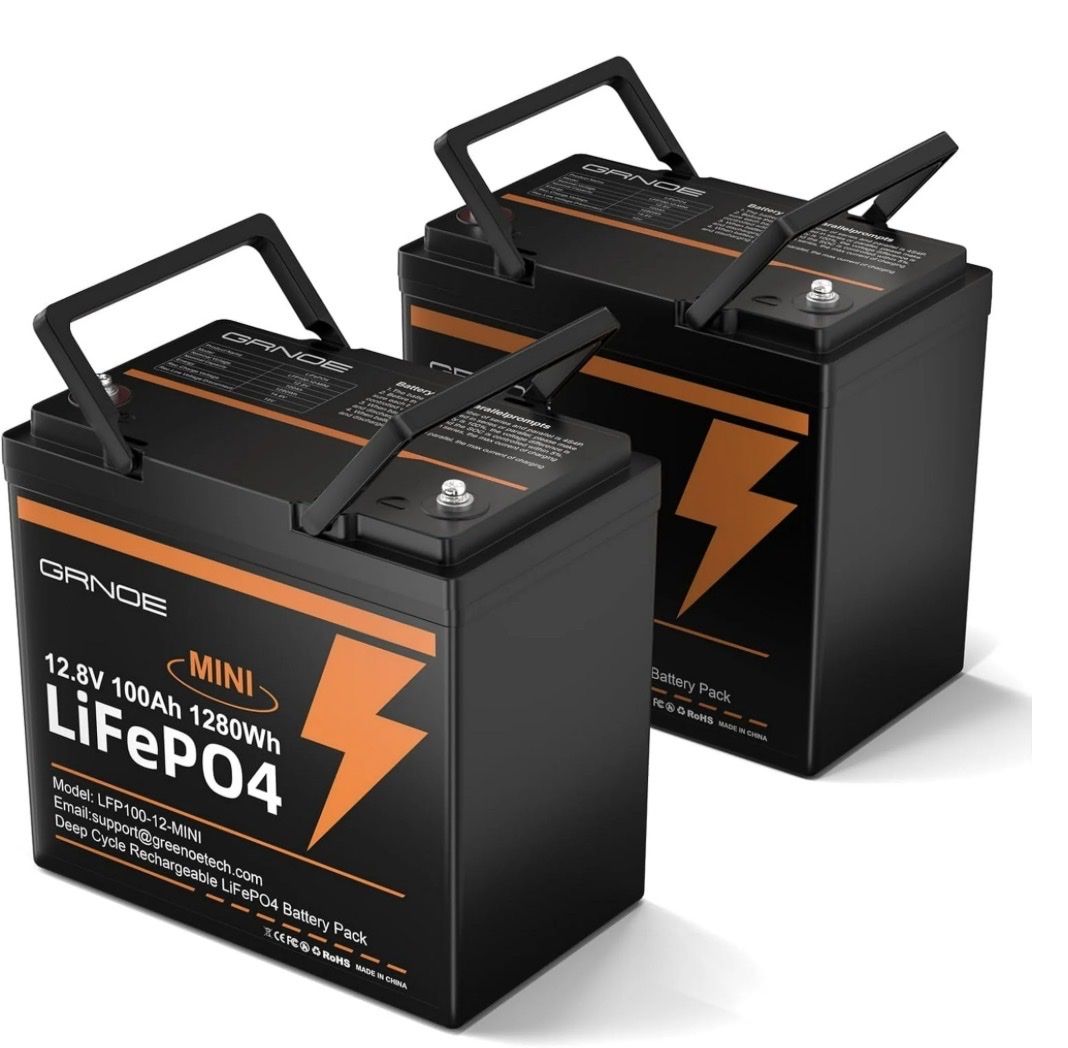 GRNOE 2 Pack 12V 100Ah Mini LiFePO4 Batteries