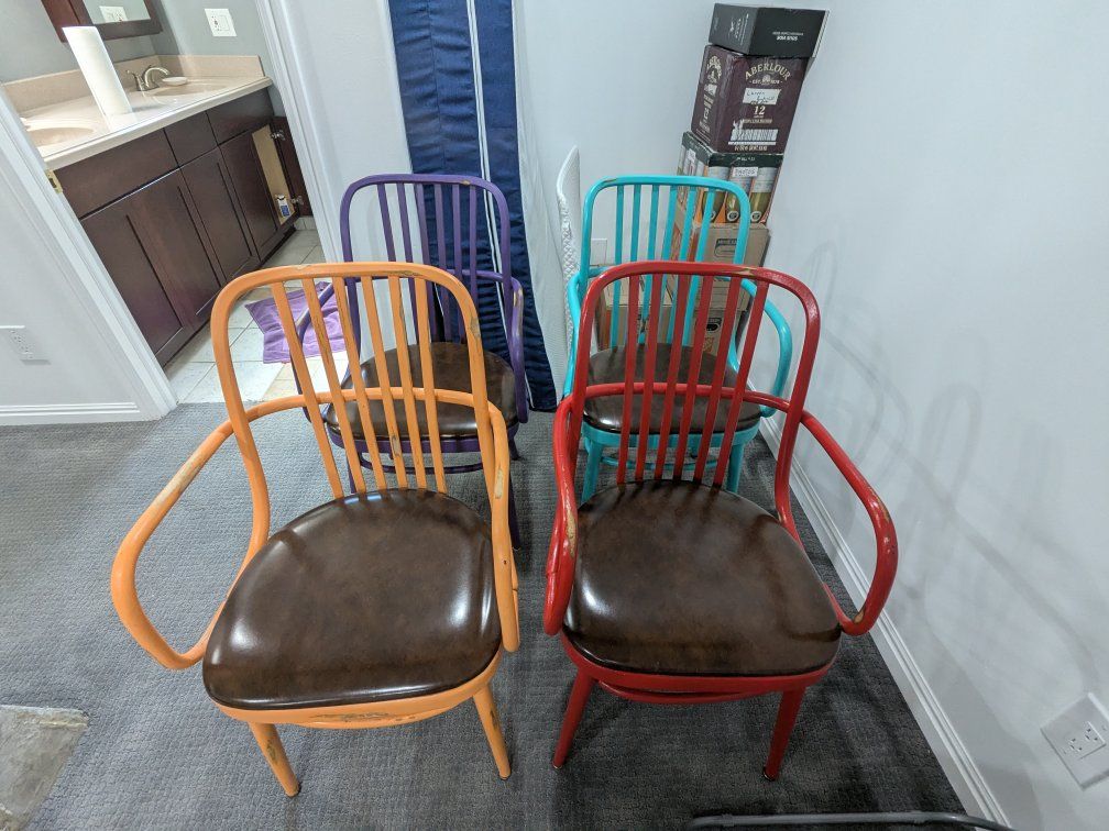 DREVOUNIA Czechoslovakia Mid-Century Modern Dining Chairs Set of 4 Orange, Red, Purple, Teal