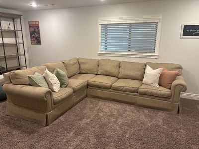 Beige Upholstered L-Shaped Sectional Sofa with Rolled Arms