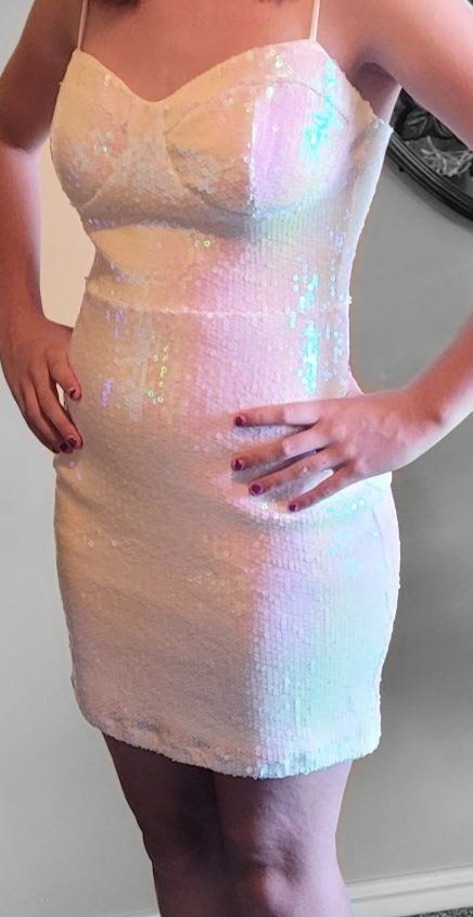 LOVESOME White Iridescent Sequin Bodycon Mini Dress Size Medium