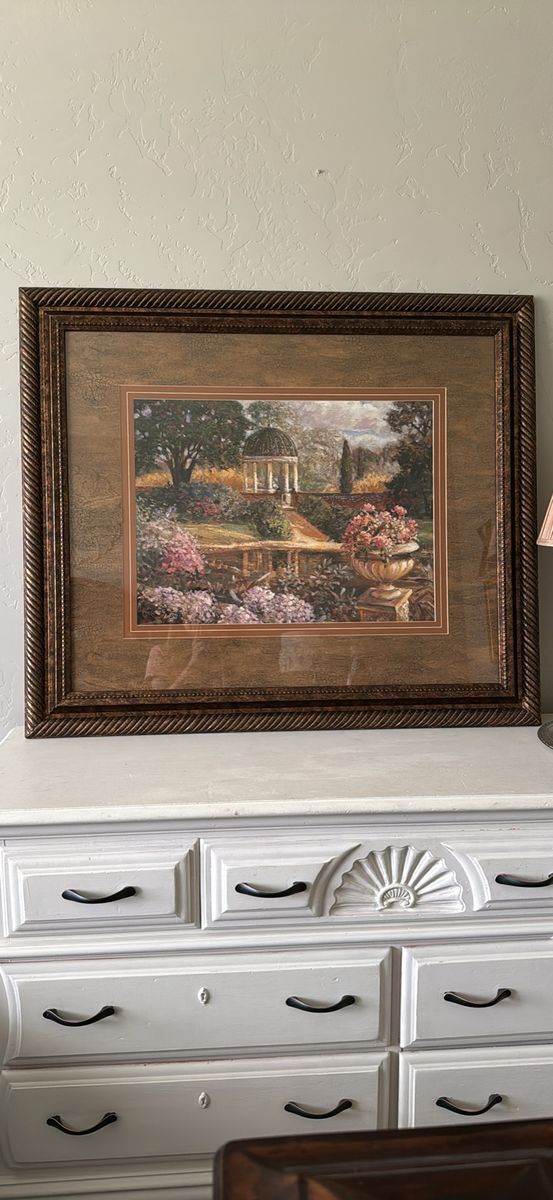 Large Framed Garden Gazebo Landscape Wall Art Print - Ornate Wood Frame