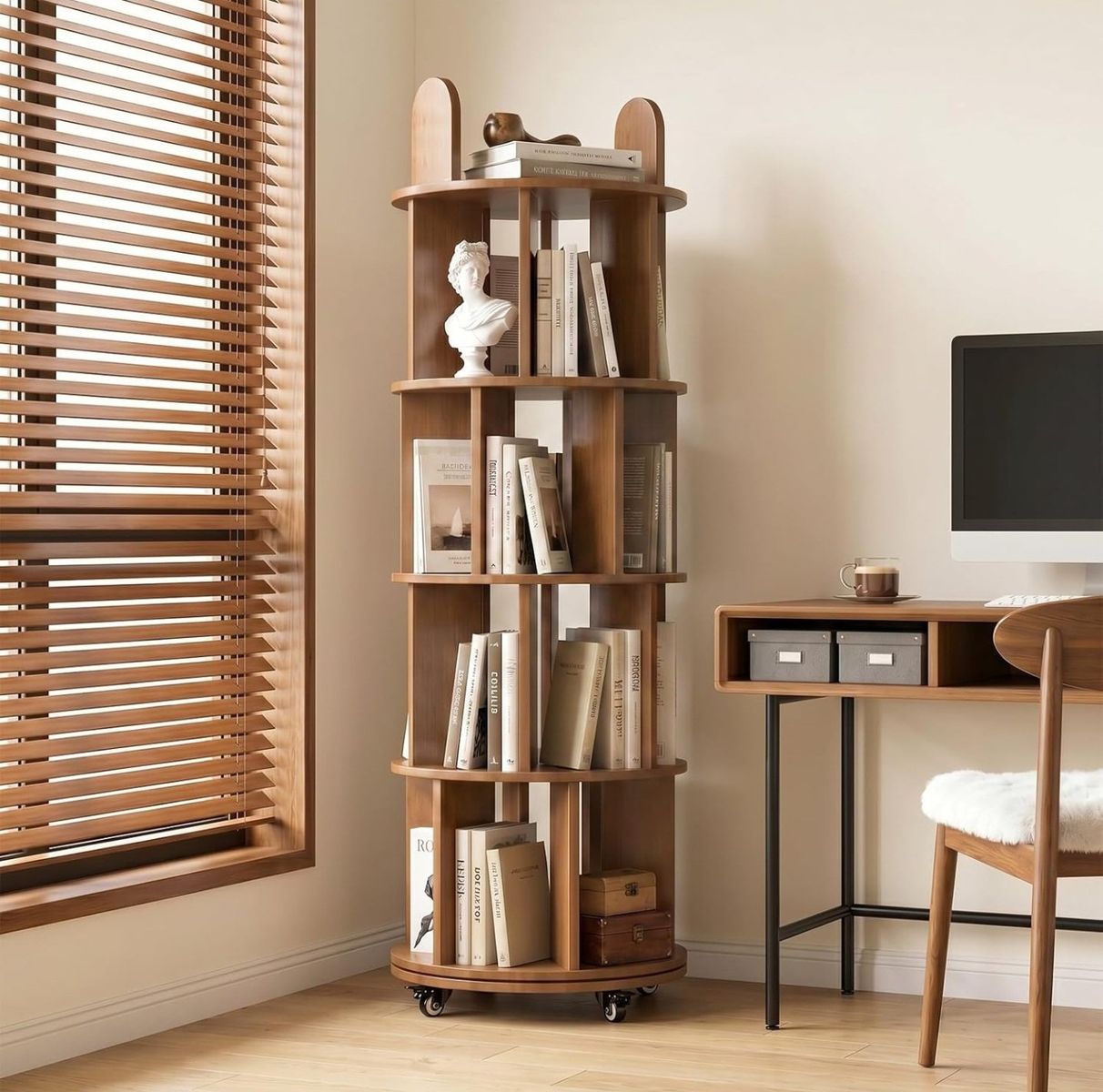 Kryonix Rotating Bookshelf, Solid Wood 4 Tier Spinning Book Shelf Tower, 360° Revolving Bookcase on Wheels, Corner Round Rolling
