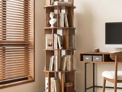 Kryonix Rotating Bookshelf, Solid Wood 4 Tier Spinning Book Shelf Tower, 360° Revolving Bookcase on Wheels, Corner Round Rolling