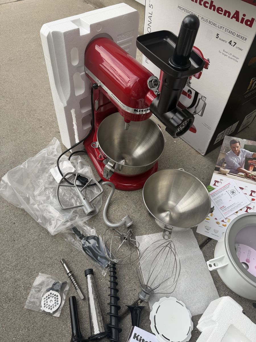 KitchenAid Professional 5 Plus 5-Quart Stand Mixer w/ Ice Cream Maker & Food Grinder Attachments - Red new