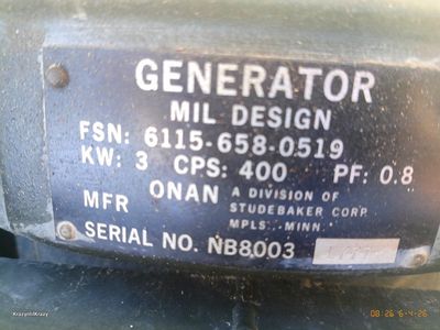 Vintage Onan Military Generator 3kW 400 CPS FSN 6115-658-0519