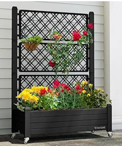 Planter Box Trellis with Wheels, Large Outdoor Plastic Raised Garden Bed