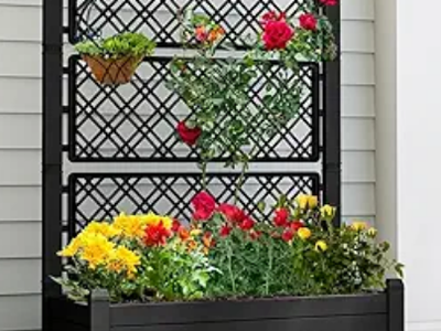 Planter Box Trellis with Wheels, Large Outdoor Plastic Raised Garden Bed