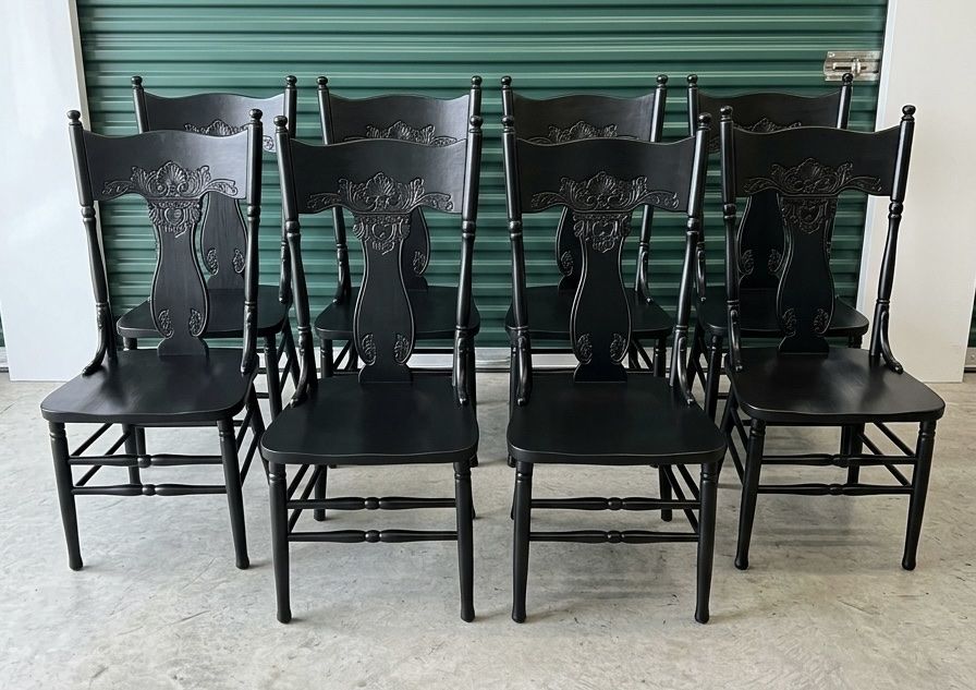 High-End Vintage Black "Rose Back" Solid Oak Dining Chairs (Set of 8)