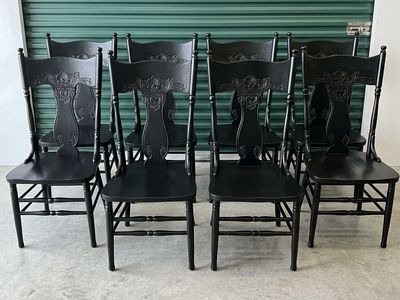 High-End Vintage Black "Rose Back" Solid Oak Dining Chairs (Set of 8)