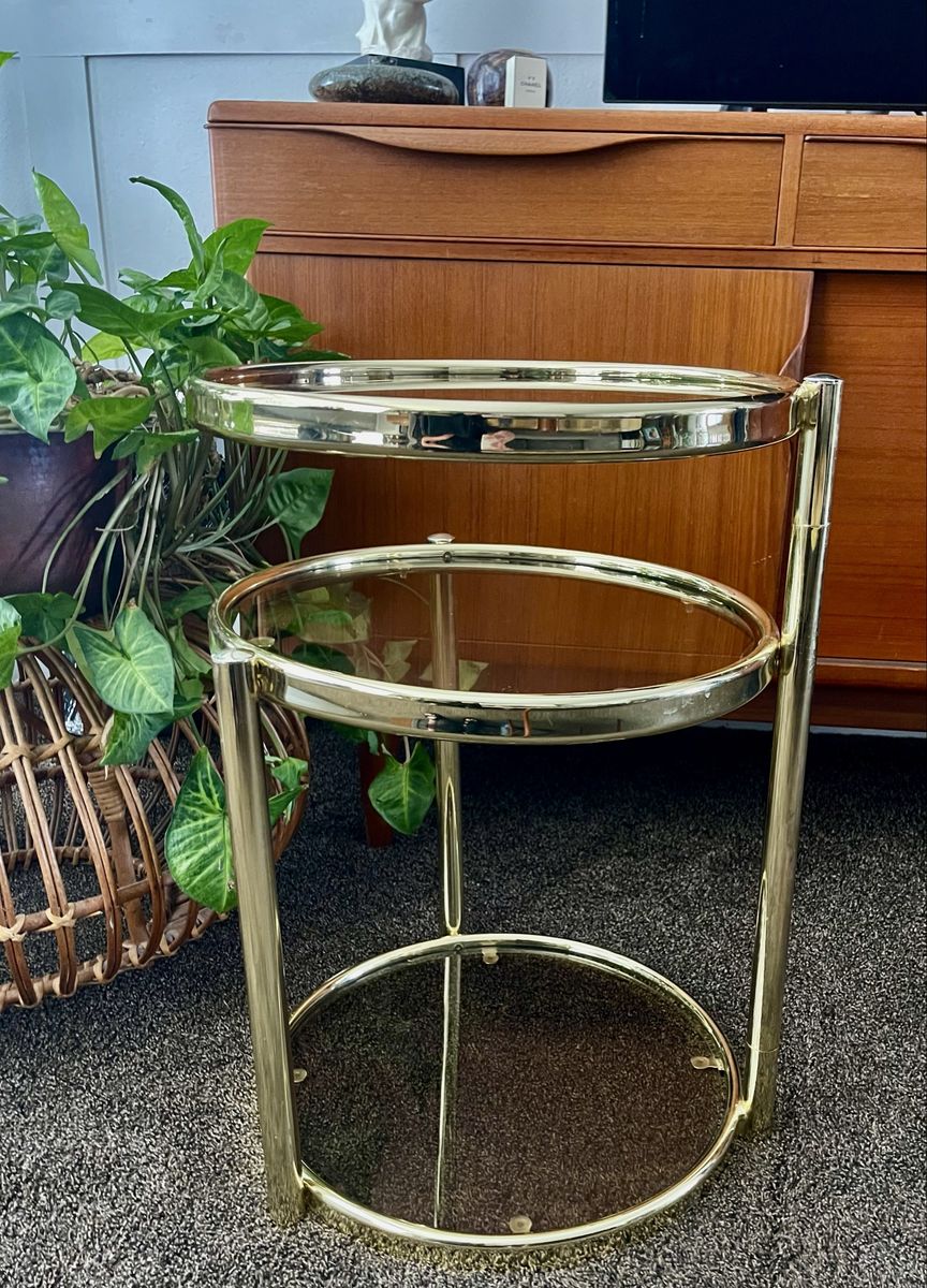 Vintage Brass & Glass Tiered Accent Table / Side Table