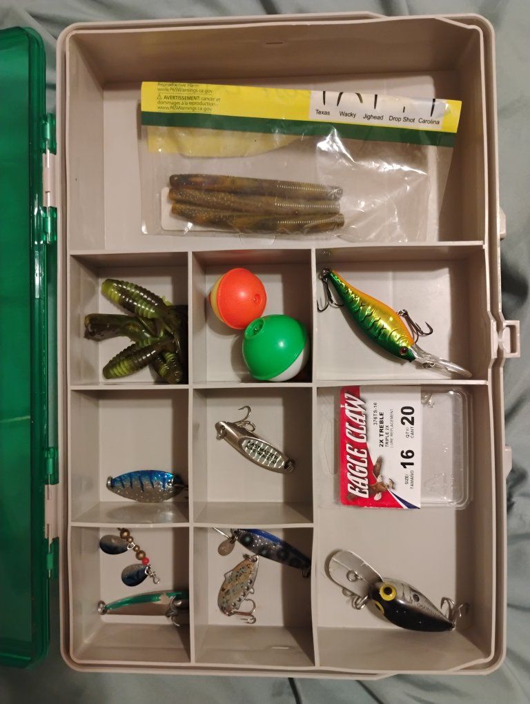 Plano Double Sided Satchel Fishing Tackle Box, loaded with lures, spinners, spoons and gear