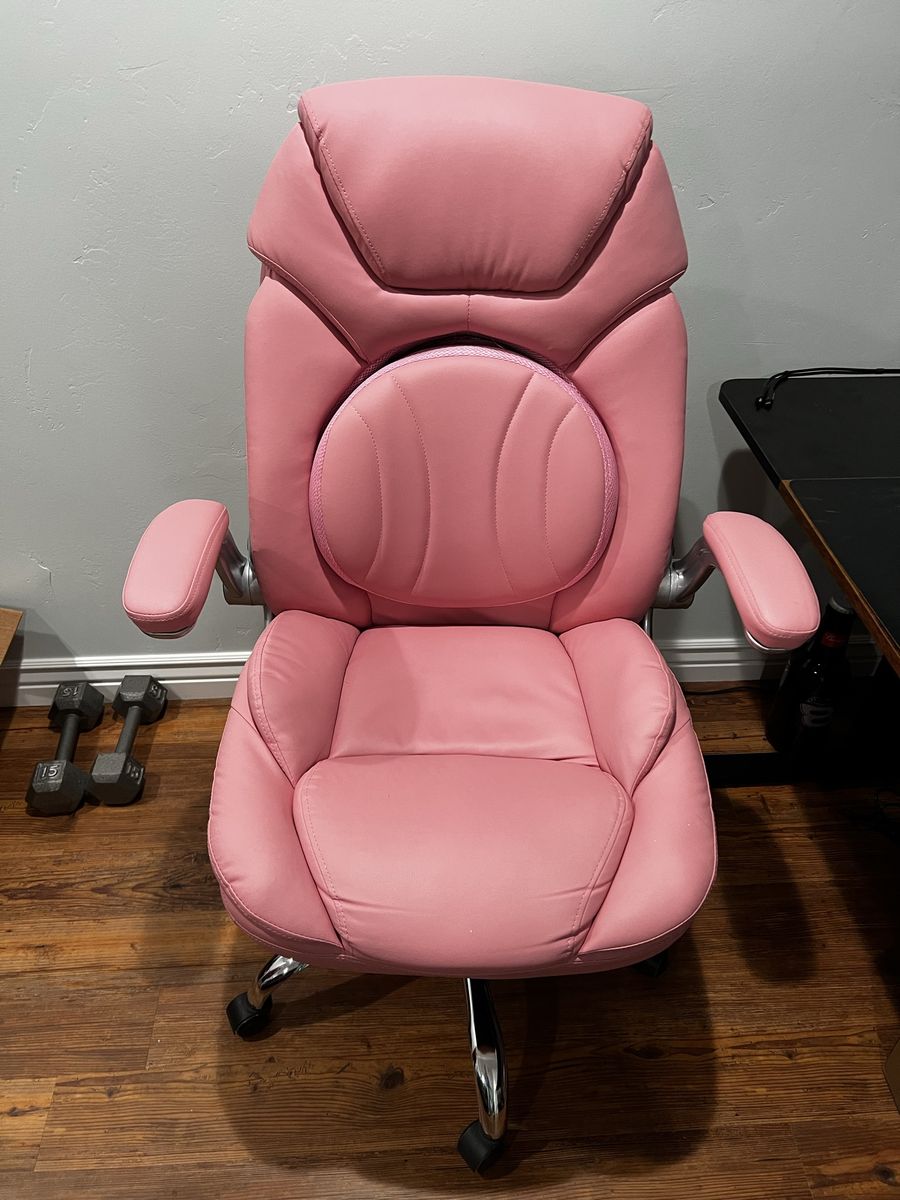 Pink Ergonomic Faux Leather Swivel Office Chair with Lumbar Support and Armrests