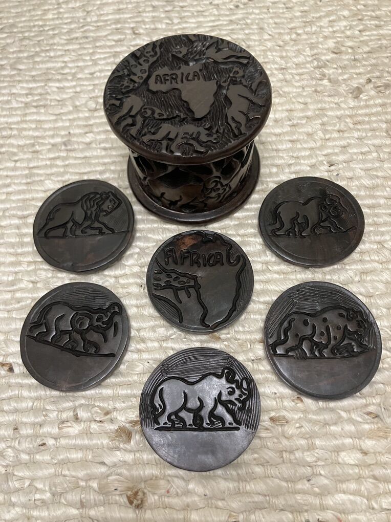 Antique Handcarved African Coaster Set With case