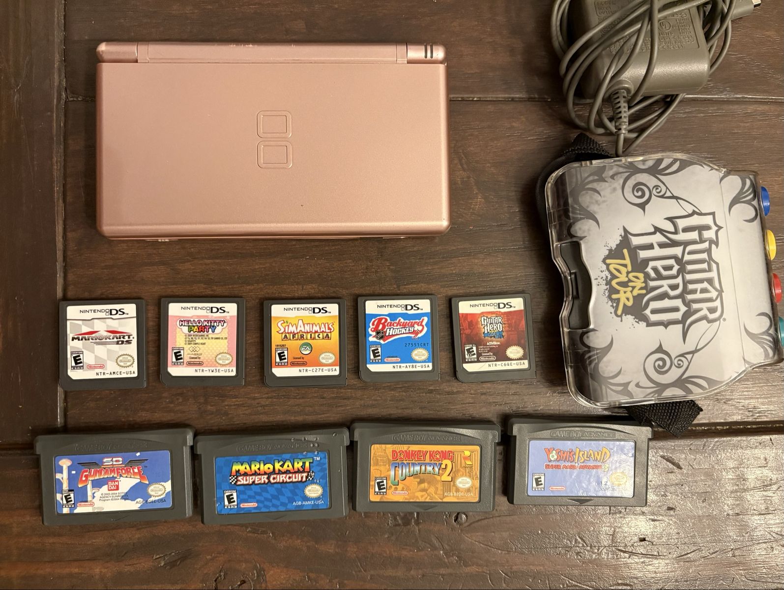 Nintendo DS Lite Rose Gold Console w/ Charger, Case & 9 Games