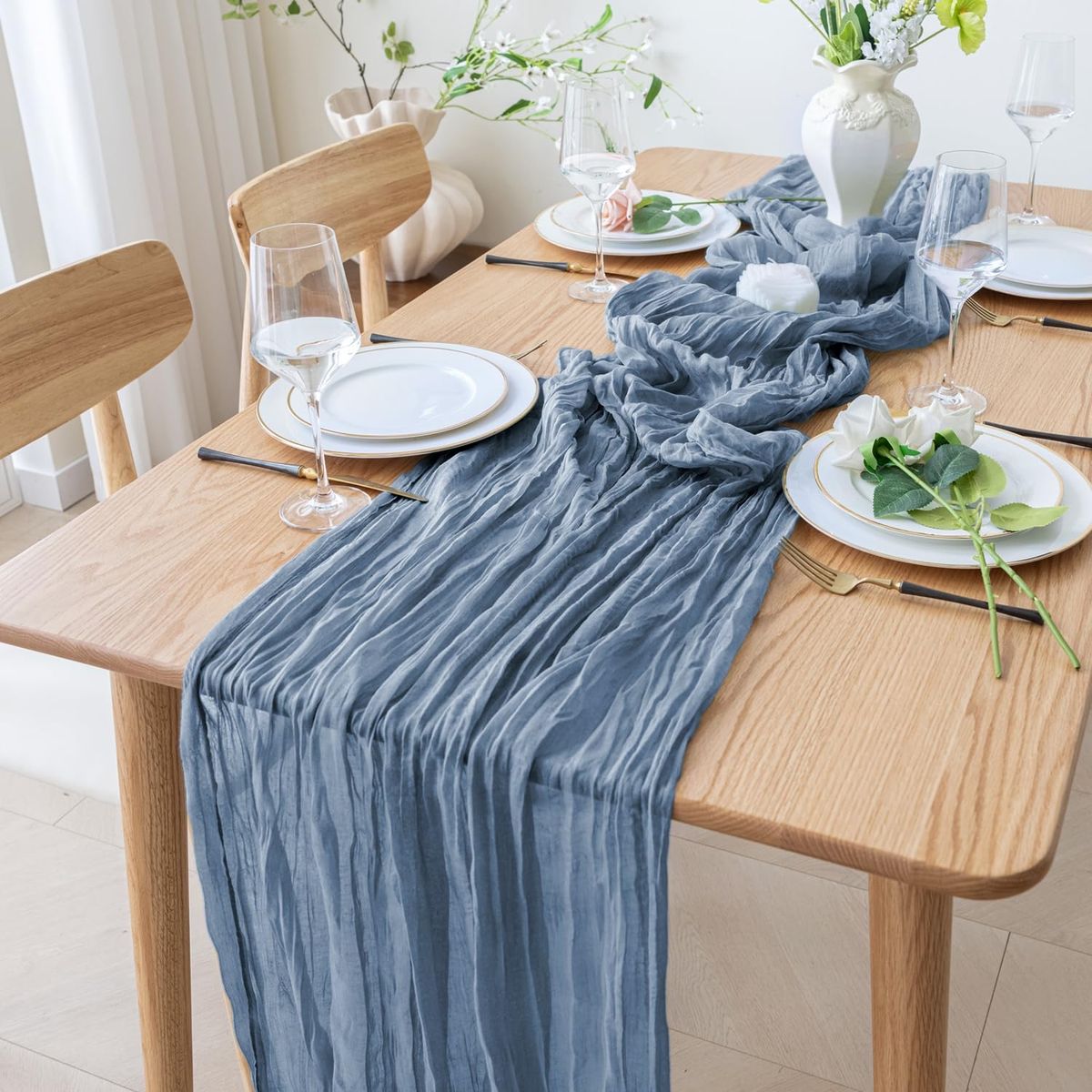 Elegant Dusty Blue Crinkle Chiffon Table Runner 120" x 35" Elastic, Lithe, Soft, No Pilling