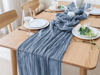Elegant Dusty Blue Crinkle Chiffon Table Runner 120" x 35" Elastic, Lithe, Soft, No Pilling