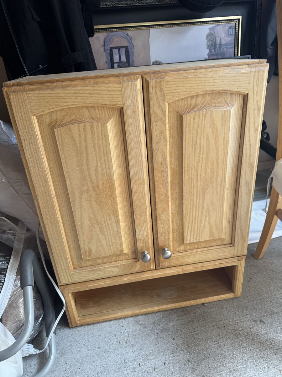 Oak Wood Wall Cabinet with Double Doors and Open Bottom Shelf