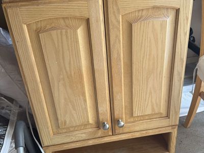 Oak Wood Wall Cabinet with Double Doors and Open Bottom Shelf