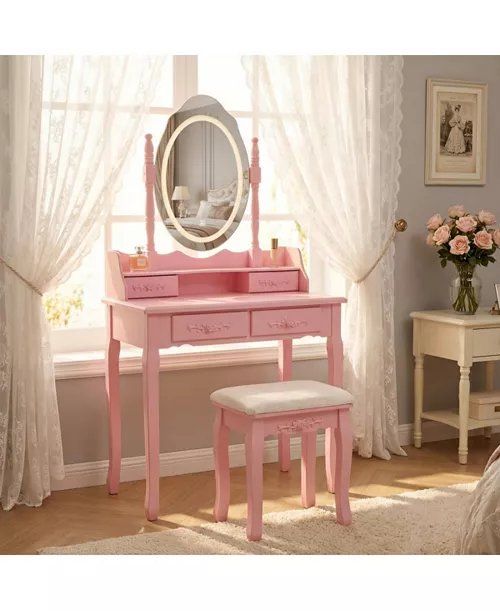 Pink Princess Vanity Desk Set with Mirror & Cushio