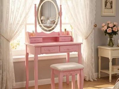 Pink Princess Vanity Desk Set with Mirror & Cushio