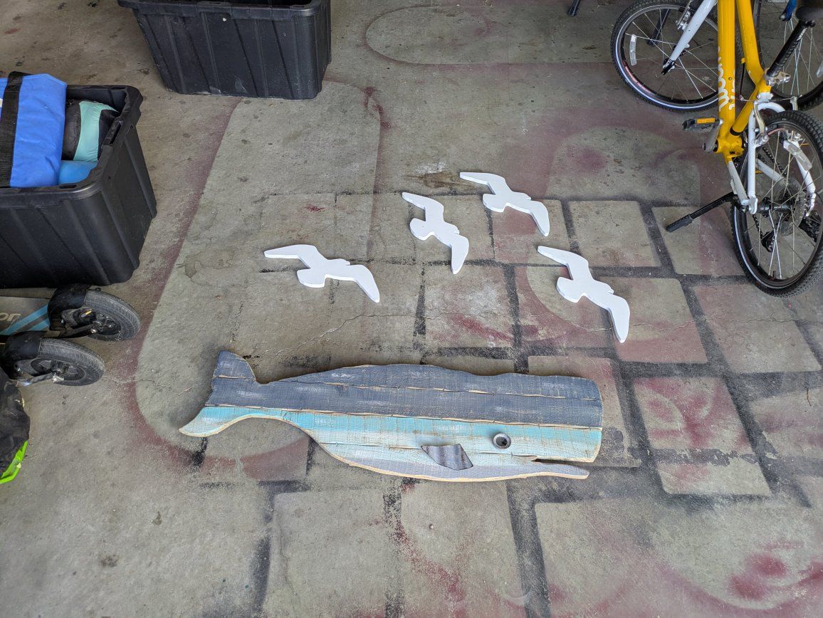 Wood Whale decor & Seagulls Wall Art Beach House Nautical Theme Set