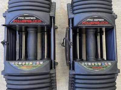 PowerBlock Pro EXP 90 Adjustable Weights Dumbbells (Pair) - 5-90 lbs per hand, Space Saving Design