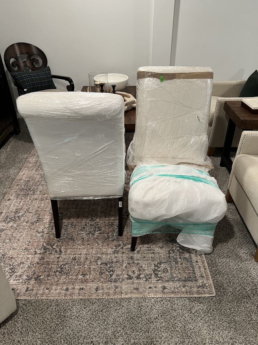 Pottery Barn Roll Back Dining Chairs, White Upholstery, Dark Wood Legs, Set of 2
