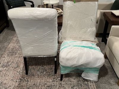 Pottery Barn Roll Back Dining Chairs, White Upholstery, Dark Wood Legs, Set of 2