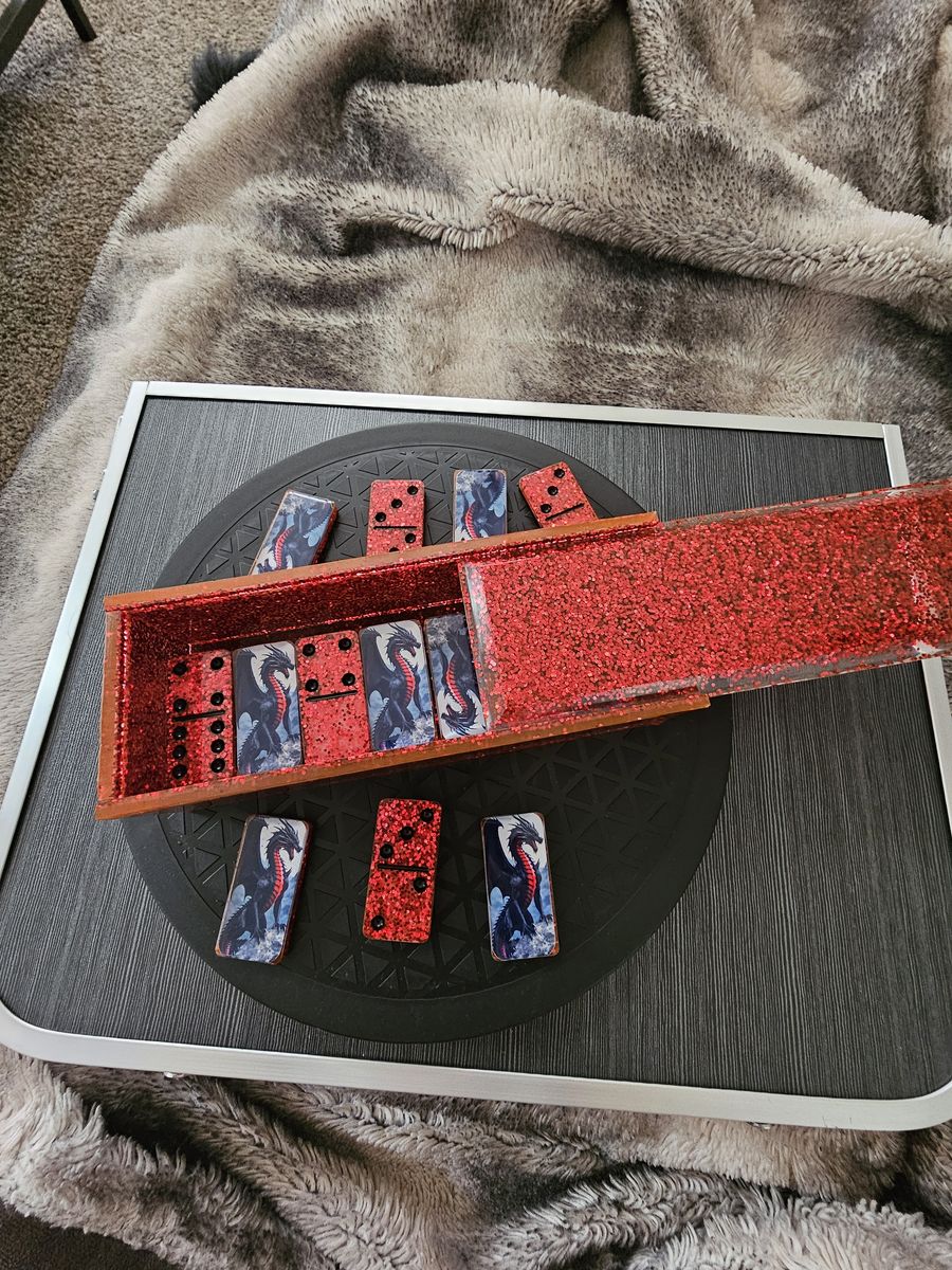 Custom Resin Dragon Dominoes Set with Red Glitter Storage Box